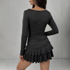 Women's Solid-Color Long-Sleeve Drawstring Fashion Short Dress