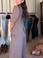 Brown Short-sleeved Blazer & High-waisted Pants Suit