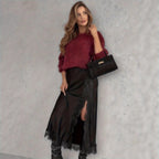 Spring New High-Slit Satin Skirt Solid Color