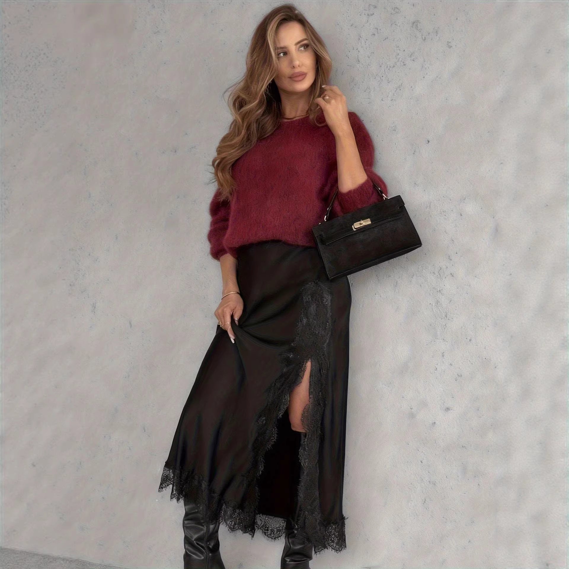 Spring New High-Slit Satin Skirt Solid Color
