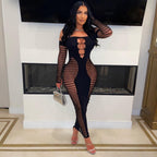 Solid Color Off-neck Sleeve Hollow Sexy Slim Fit One-piece Knitted Sheath Dress