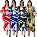 Women's Crew-Neck Short-Sleeve Ruffle-Trim Printed Plus-Size Dress