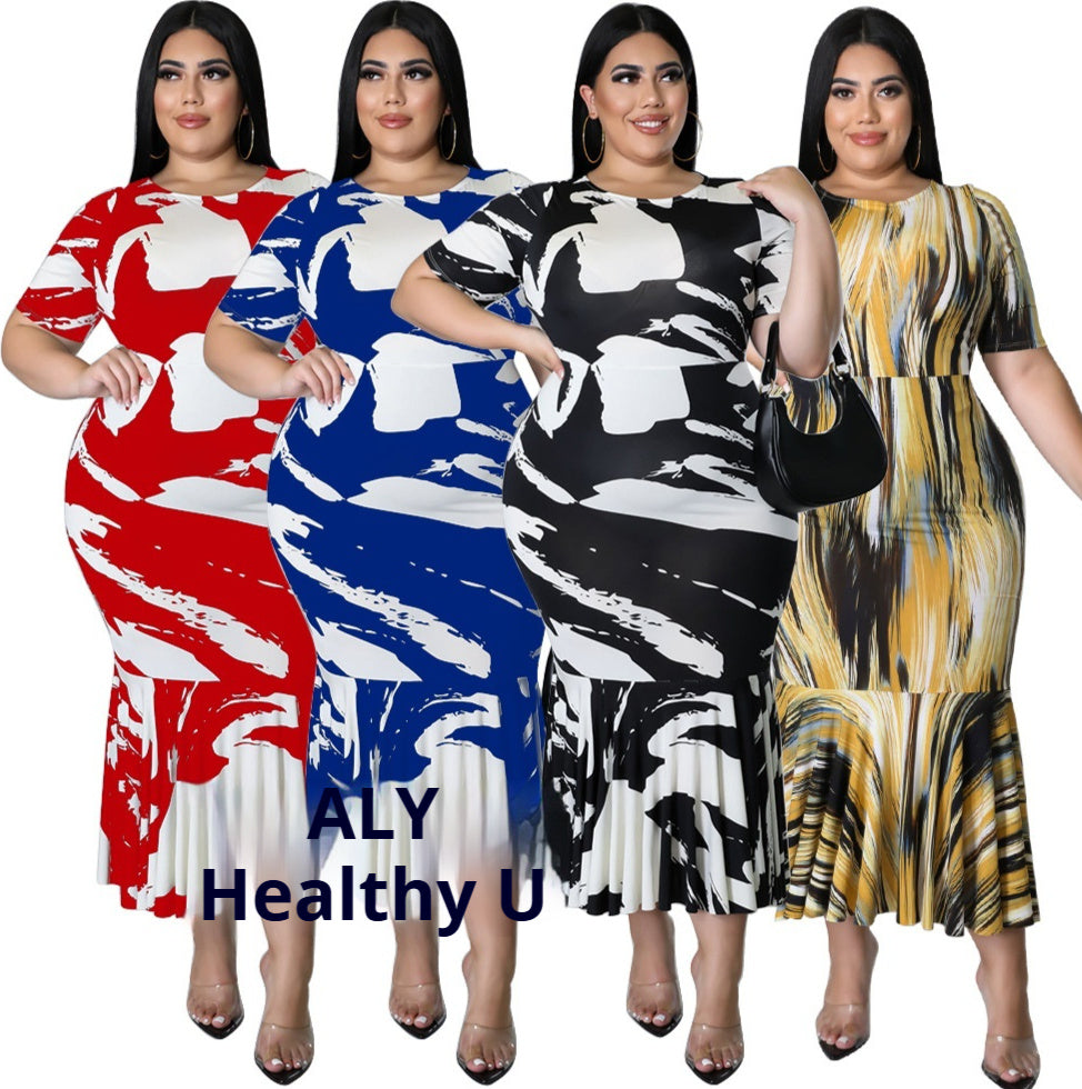 Women's Crew-Neck Short-Sleeve Ruffle-Trim Printed Plus-Size Dress