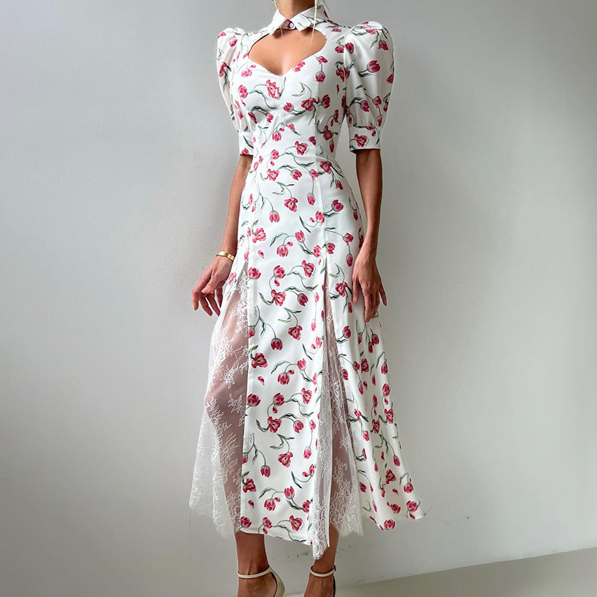 New Summer Design Elegant Lace-embellished, Waist-cinching Maxi Dress