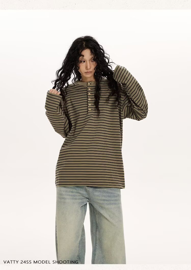 Women's Cotton Simple Loose Casual Striped Long-Sleeve Top