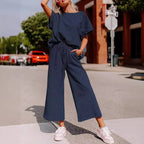 Solid Color Texture Casual Fashion Women's Wear Short-sleeved Trousers Two-piece Set