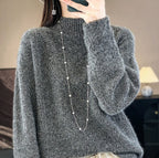 Retro Jacquard Knitted HalfHigh Neck Base Sweater Loose Effortless Base Top