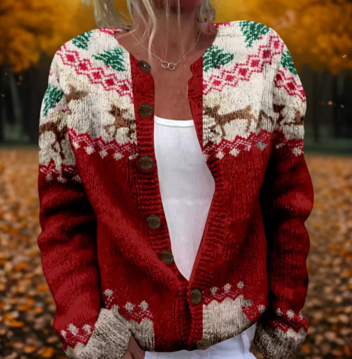 Women's Retro 3D Digital Print Cardigan Sweater Coat