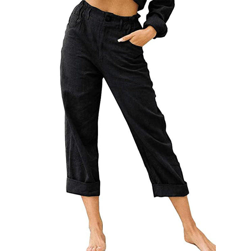 Women's Cotton Linen Patchwork Trousers | High Waist Drawstring Loose Casual Pants | 11 Colours | S–3XL | Michan Direct