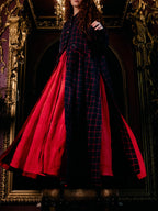 Navy Red Plaid Long Coat With Red Maxi Swing Dress Set