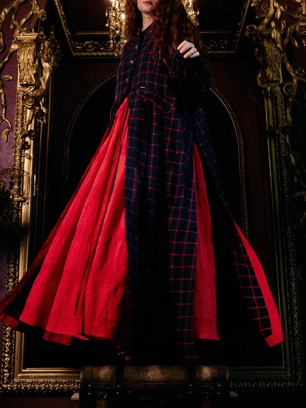 Navy Red Plaid Long Coat With Red Maxi Swing Dress Set