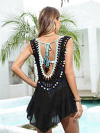 Vacation Style Hand Crocheting Cut-out Ruffled Beach Cover-up
