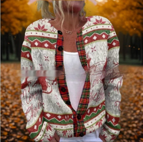Round Neck Sweater Christmas Button Cardigan Long Sleeve Sweater