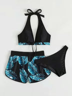 3pcs Leaf Print Bikini With Shorts Fashion Summer Beach Swimsuit Womens Clothing
