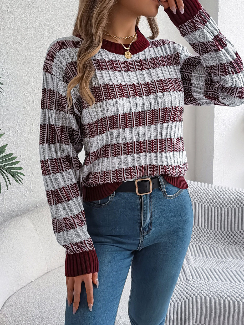 Women Round Neck Retro Stripe Lantern Sleeve Long Sleeve Pullover Sweater