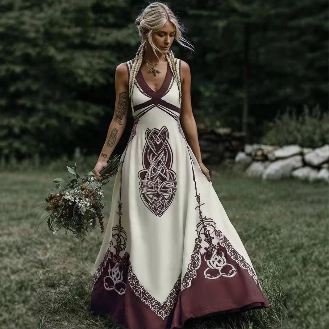 Women's V-Neck Ethnic-style Artistic Sleeveless Printed Dress