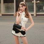 Round-neck Sleeveless Waist-cinching Contrast-color Printed Dress