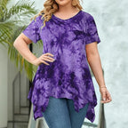 Tie-Dye V-Neck Asymmetric Hem Short-Sleeve Loose Top