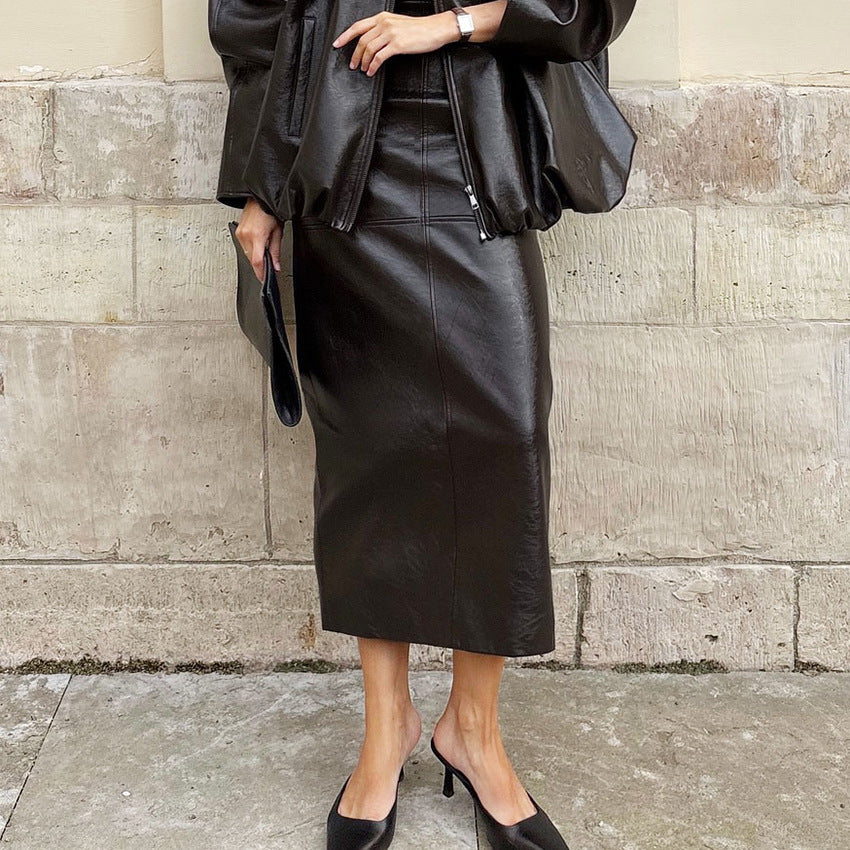 High-end PU Leather Midi Skirt