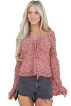 Pink Floral Lace Bell Sleeve Square Neck Blouse Women UK
