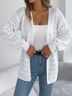 Women Solid Color Hollow Out Lantern Sleeve Long Sleeve Cardigan Sweater Coat