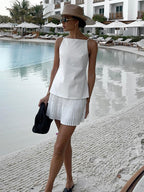 White Halter Top & Pleated Skirt Set