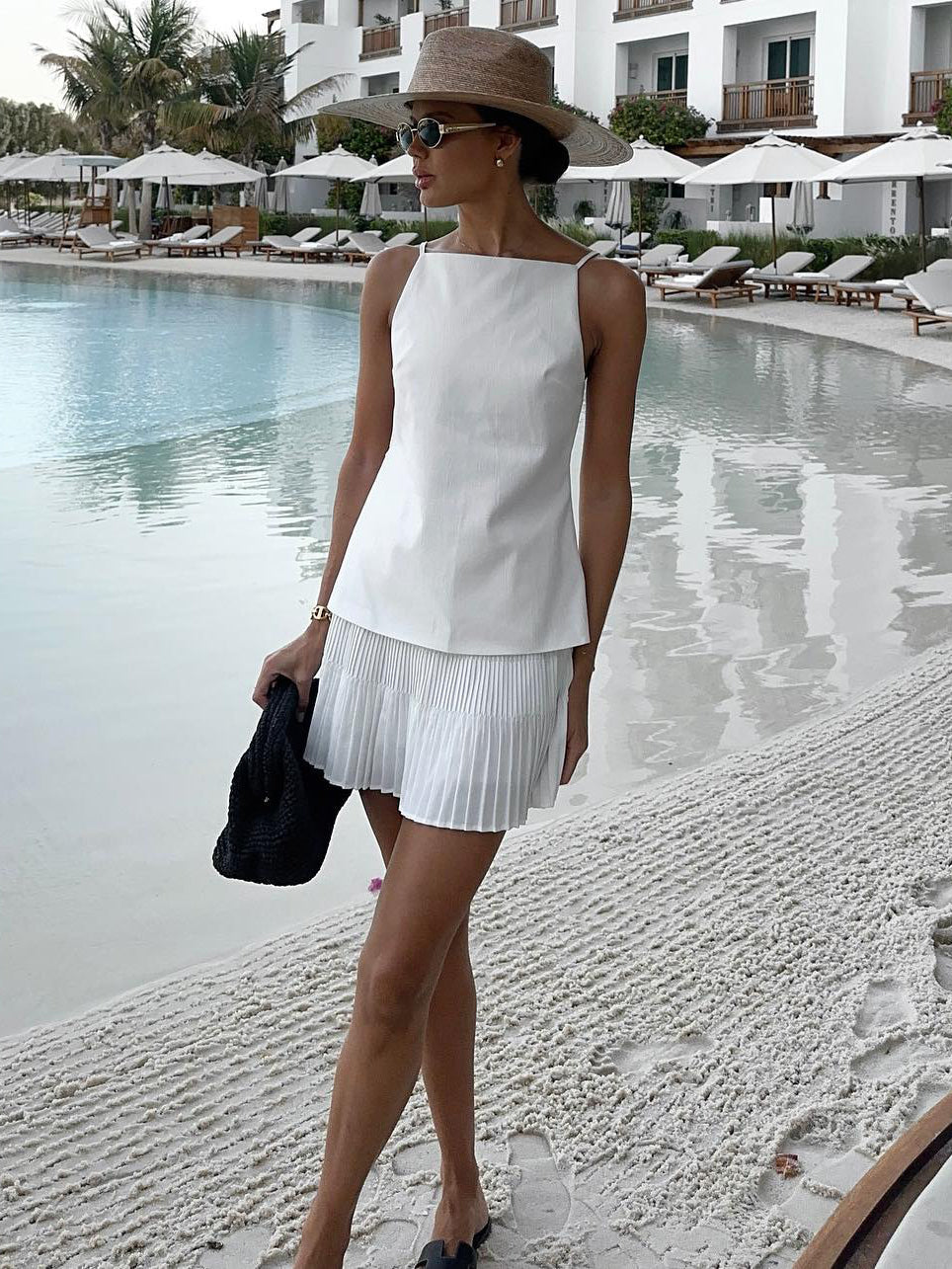 White Halter Top & Pleated Skirt Set