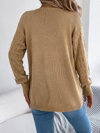 Women Solid Color Hollow Out Lantern Sleeve Long Sleeve Cardigan Sweater Coat