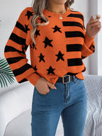 Women Casual Star Stripe Lantern Sleeve Long Sleeve Pullover Sweater