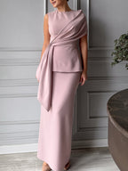 Solid Color Sleeveless Round Neck Top & Hip-Wrap Skirt Set