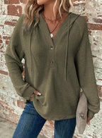 Waffle Hooded Sweater Sweatshirt Fashion Casual Long-sleeved Drawstring V-neck Buttons Top Women's Clothing