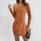 Solid-color Long-sleeve Dress With A Slash Neckline