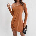 Solid-color Long-sleeve Dress With A Slash Neckline