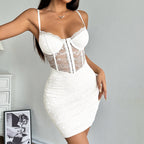 Women's Solid-Color Lace-trimmed Fishbone-Button Slip Dress
