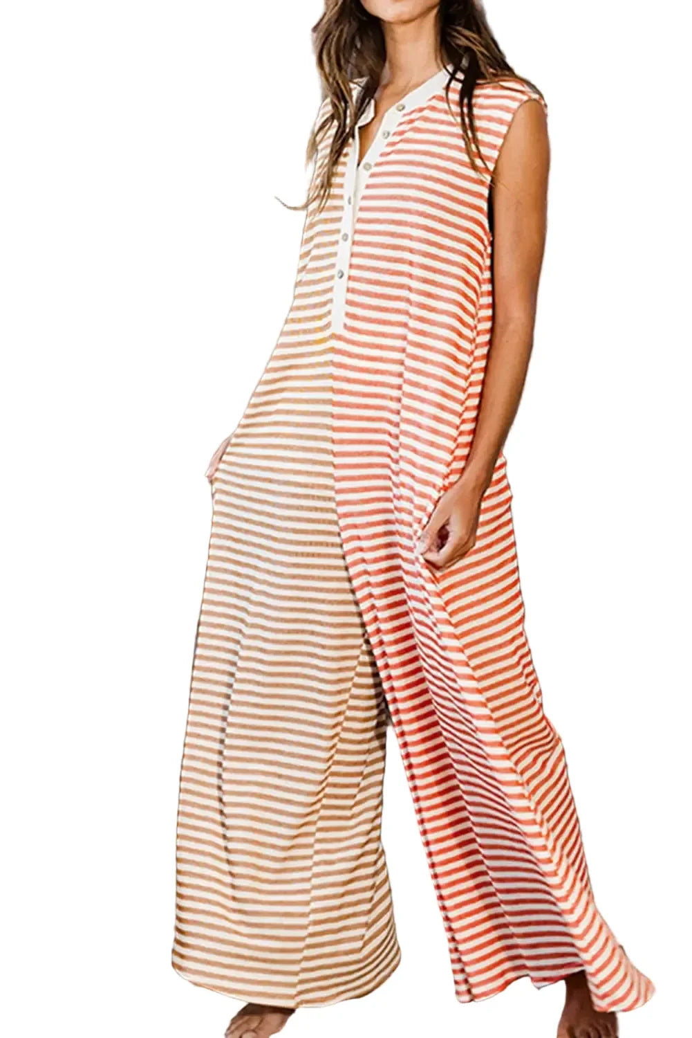 Orange Stripe Oversized Sleeveless Wide Leg Jumpsuit Buttoned Front