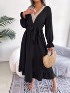 Women's Elegant V-Neck Lace Waist-Defined Hem Ruffle Maxi Dress