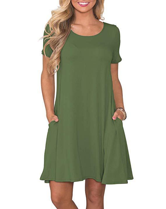 New Women's Round-neck Solid-color Casual Short-sleeve Swing Dress With Pockets