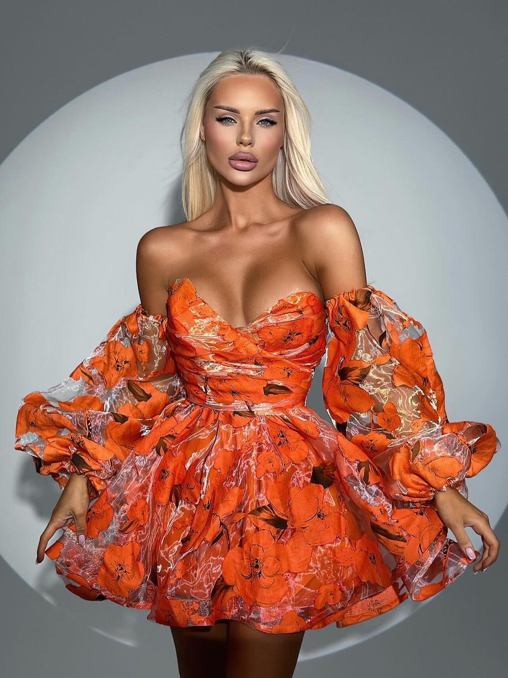 Elegant Floral Lantern Sleeve Off-The-Shoulder Mini Dress