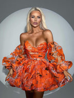 Elegant Floral Lantern Sleeve Off-The-Shoulder Mini Dress