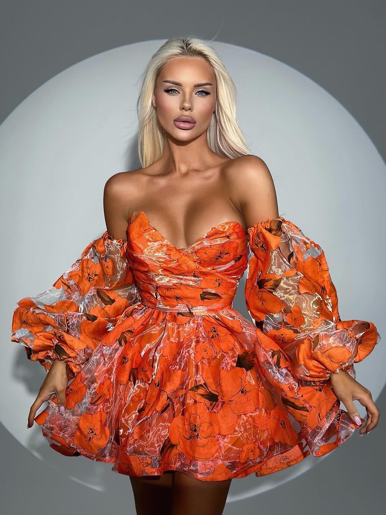 Elegant Floral Lantern Sleeve Off-The-Shoulder Mini Dress