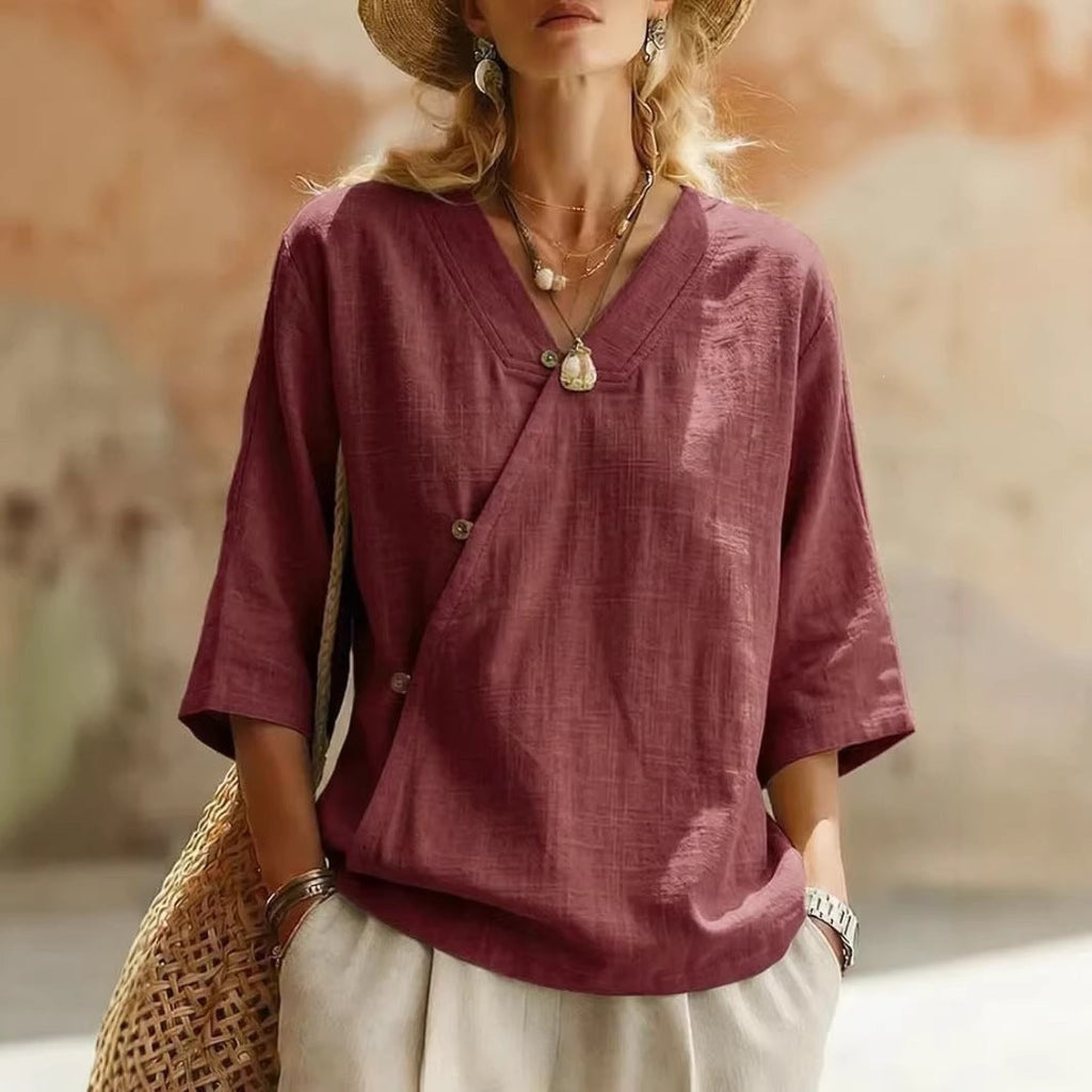 Women's Solid-Colored Cotton-Linen Button-Up Top