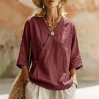 Women's Solid-Colored Cotton-Linen Button-Up Top