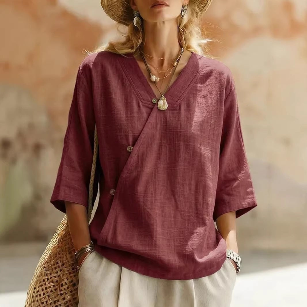 Women's Solid-Colored Cotton-Linen Button-Up Top