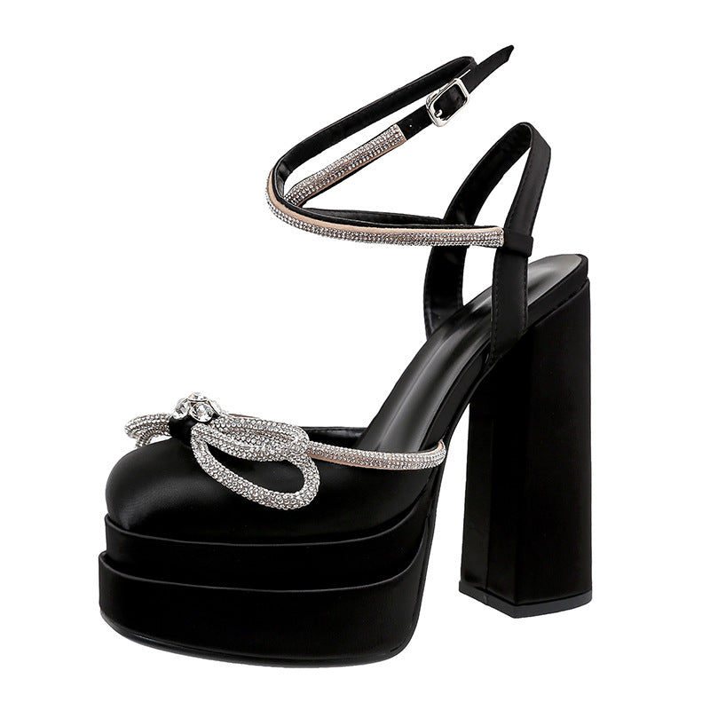 Women's Square Toe Heel Double Platform Thick High Heel Bow Large Size Hollow Sandals