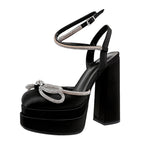 Women's Square Toe Heel Double Platform Thick High Heel Bow Large Size Hollow Sandals