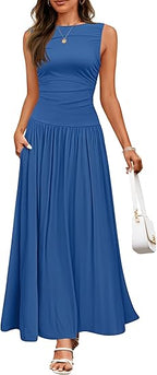 Women's Summer Sleeveless Maxi Dress Casual Round Neck Pleated Elegant Maxi Dress With Pockets
