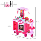 HOMCOM 38 Pcs Kids Children Kitchen Play Set w/ Realistic Sounds Lights Food Utensils Pots Pans Appliances Toy Game Pink