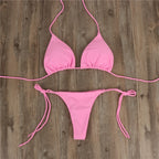 2pcs Halterneck Lace-up Bikini Women Summer Solid Color Sexy Split Strap Adjustable Swimsuit Suit