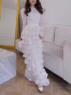 Elegant Floral Puff Sleeve Shirt & Ruffled Cake Skirt Set