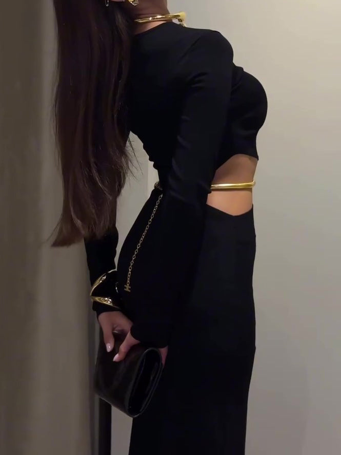 Black Cutout Waist Long-Sleeve Maxi Dress-Includes Waist Chain